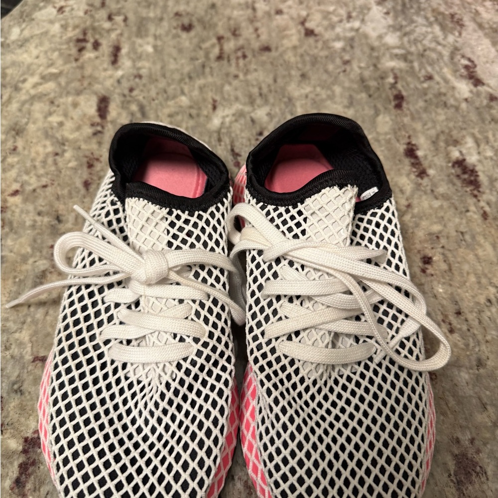 adidas White Mesh Sneakers with Pink Accents